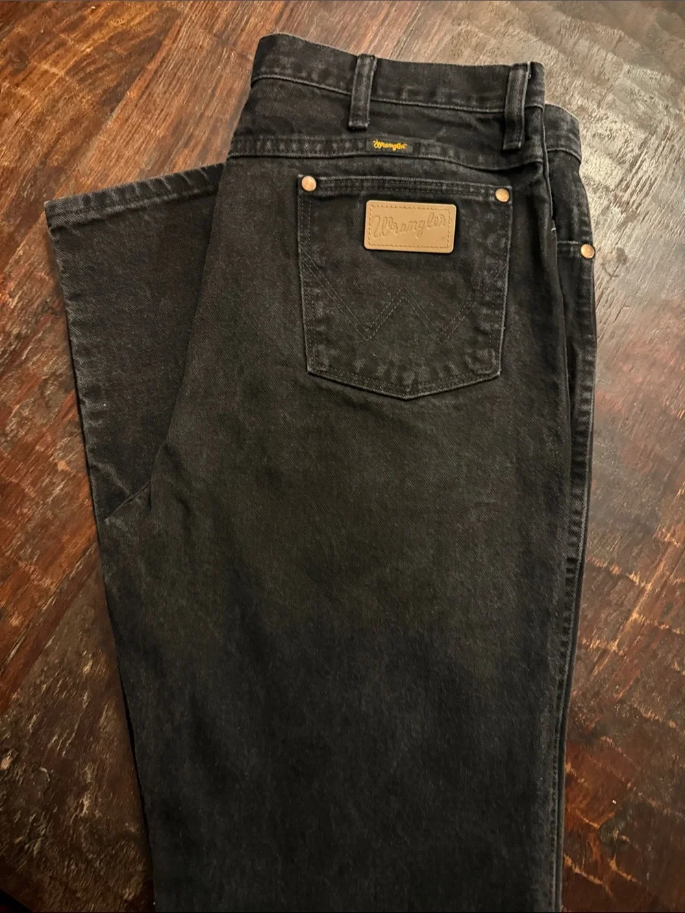 Wrangler Straight Black Denim Jeans with Tan Patch 36x38 slim fit